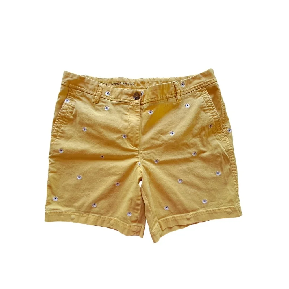 Talbots Yellow Daisy Embroidered Relaxed Chino Shorts Womens 10 Floral Cotton